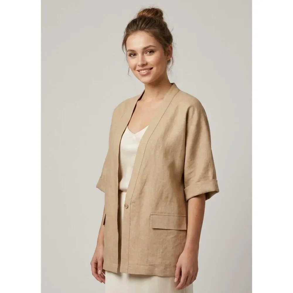 VTG Levanté 100% Linen Kimono Cardigan Open Front Jacket Size M Tan Short Sleeve